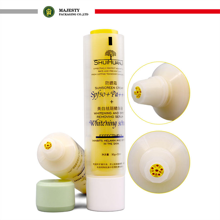 Double chambre en plastique personnalisée, Double Tube, bouchon à vis, soins de la peau, crème pour les mains, Lotion pour le corps, couleurs personnalisées, cosmétiques