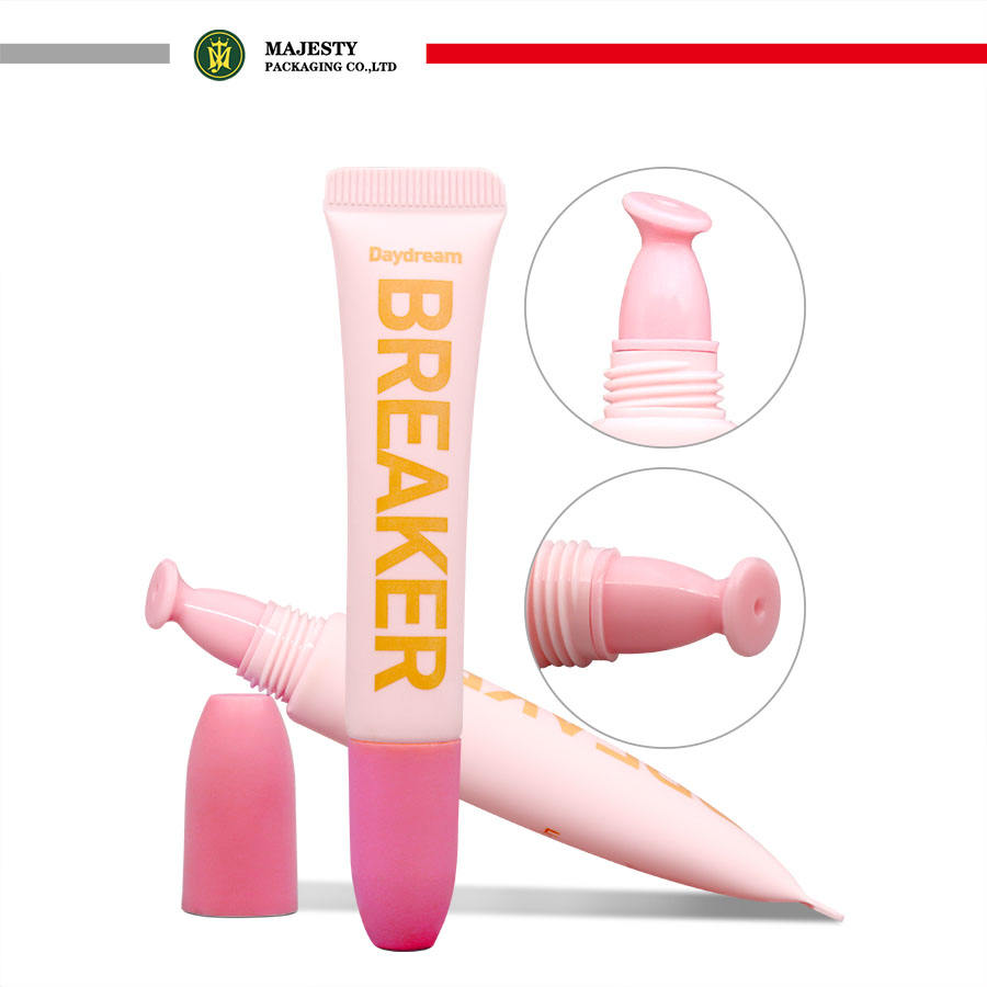 Tube de rouge à lèvres en plastique rose personnalisé, 16MM, 2 couches, applicateur à presser PE, Tube vide de brillant à lèvres pour cosmétiques
