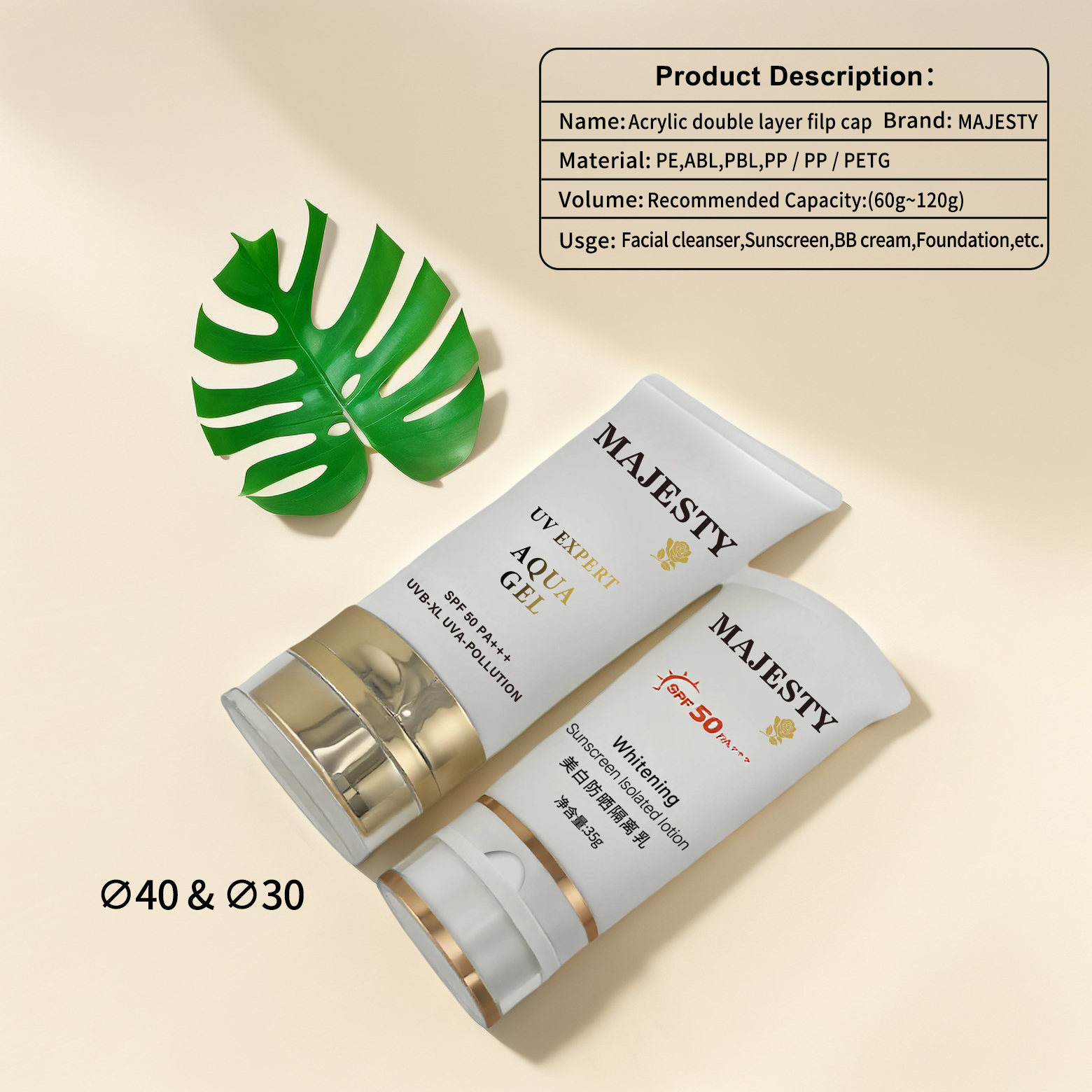 Emballage de tube cosmétique en plastique personnalisé en usine pour écran solaire avec capuchon acrylique à double couche
